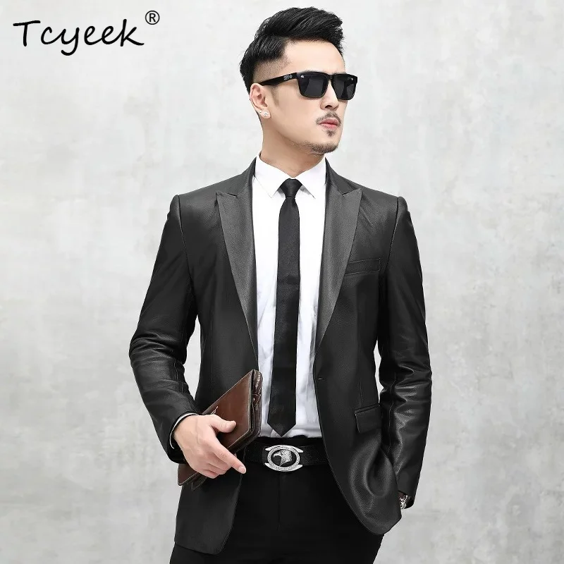 Tcyeek High-quality Deerskin Real Leather Jacket Men Business Casual Suit Coats Male Autumn Clothes 2026 Slim Fit Trendy 남성가죽자켓