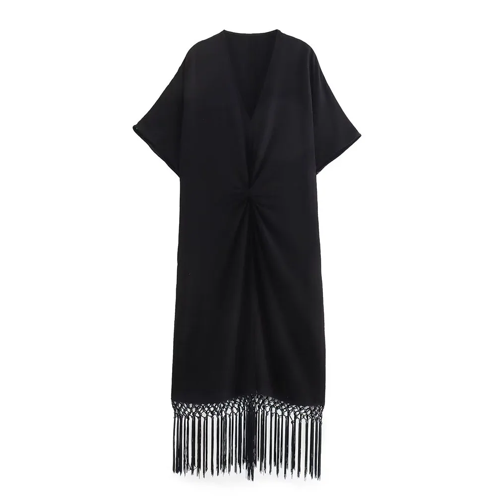 

Autumn 2024 New Women's Fashion Slim Joker Casual Slim Commuter V-neck pleated linen blended tassel dress