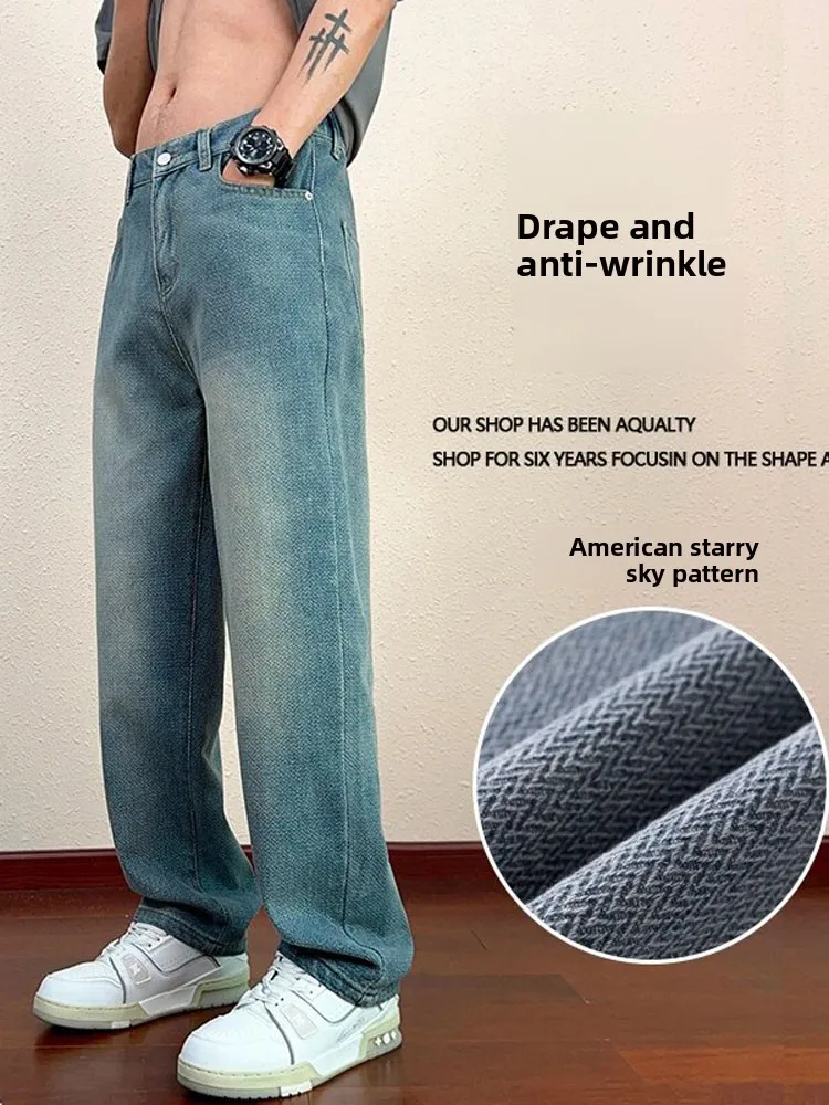 

Spring Autumn Men's Loose Fit Straight Leg Jeans Trendy Belt Casual Pants American High Street adient Color Jeans
