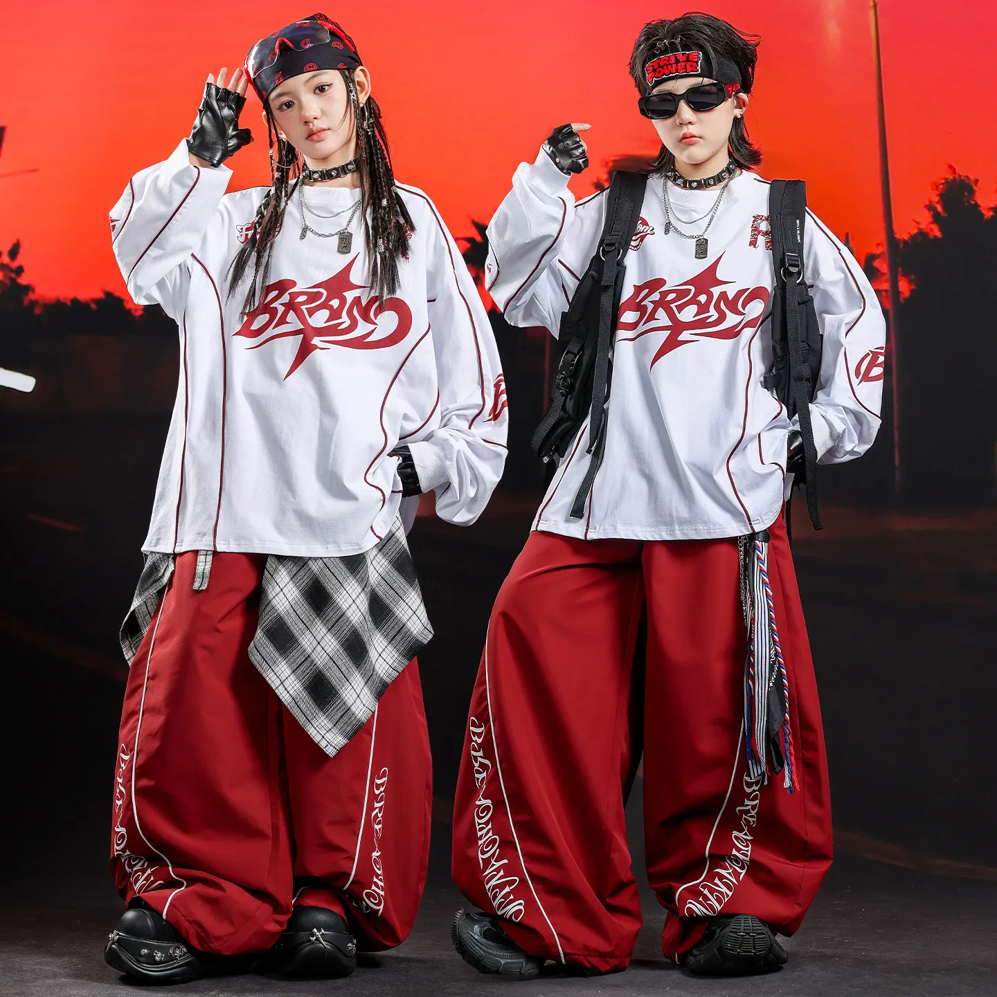 Children Streetwear Hip Hop Long Sleeve T-shirt Pants Sets Boy Girl Loose T Shirt Trousers Kids Tracksuit Stage Clothes Costume