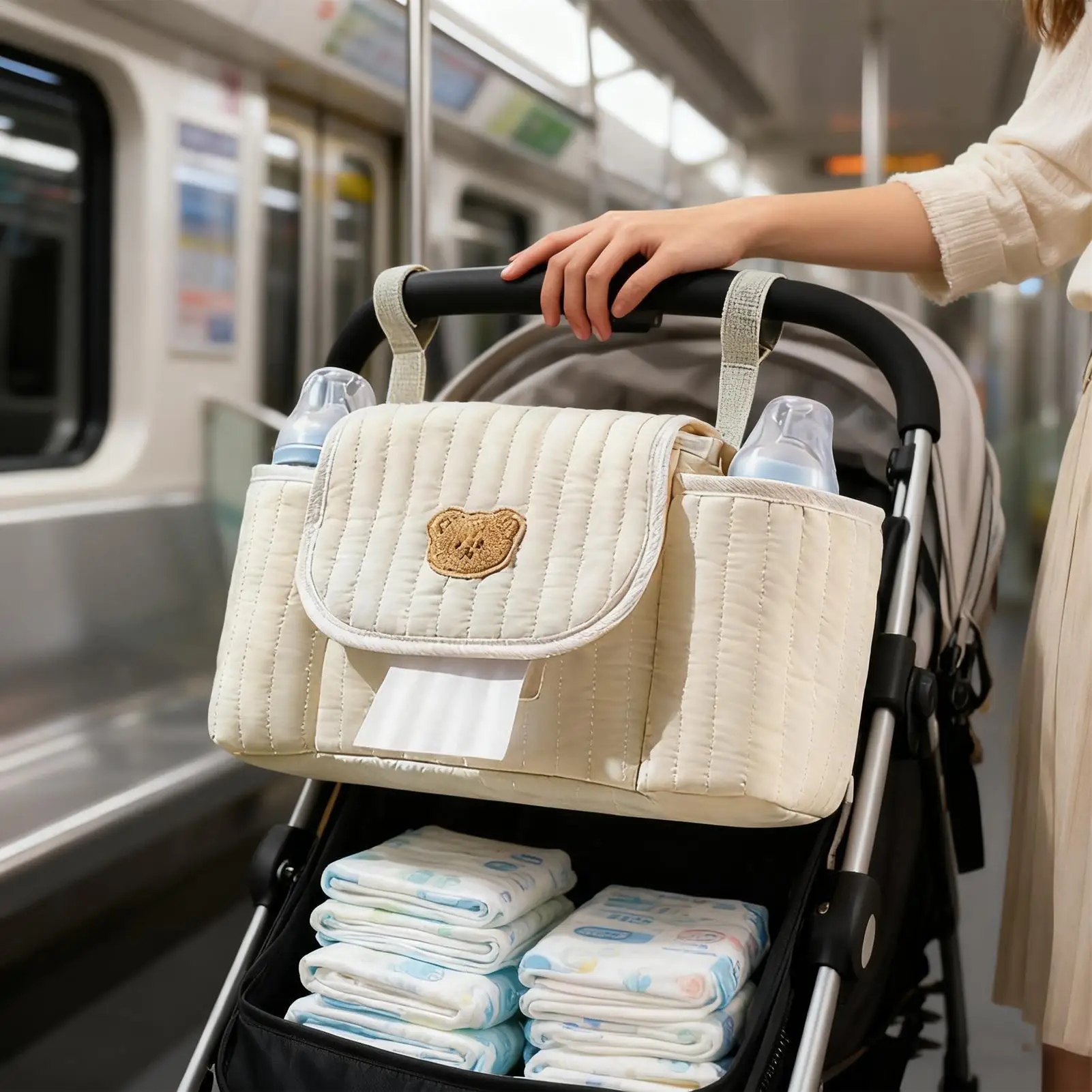 

Stroller Organizer Hanging Bag with Tissue Opening Wipes Dispenser with Adjustable Strap for Diaper Cup Toy Phone Bottle Snack