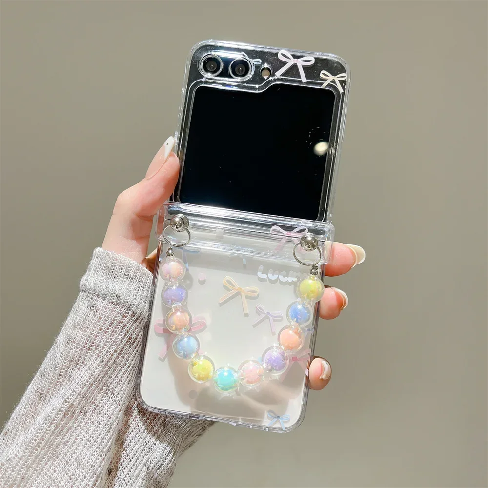 Cute Butterfly Love Heart Phone Case with Wrist Strap For Samsung Galaxy Z Flip 6 5 4 3 5G Hinge Protection Clear Hard Cover