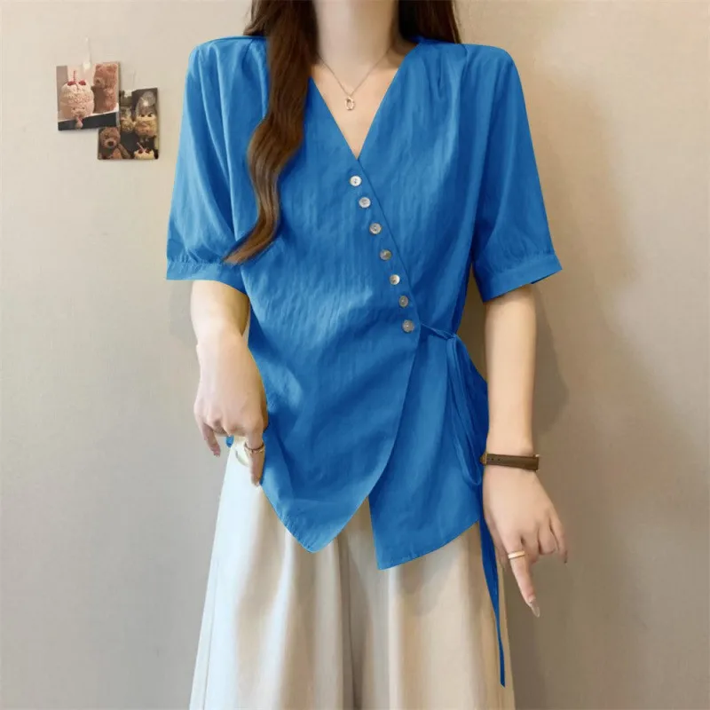 

Yellow V-ne ort Sve irt Women's plus Size Summer New Sle Slim Fit Belly Cover Thin Top Asymmetrical Hemline