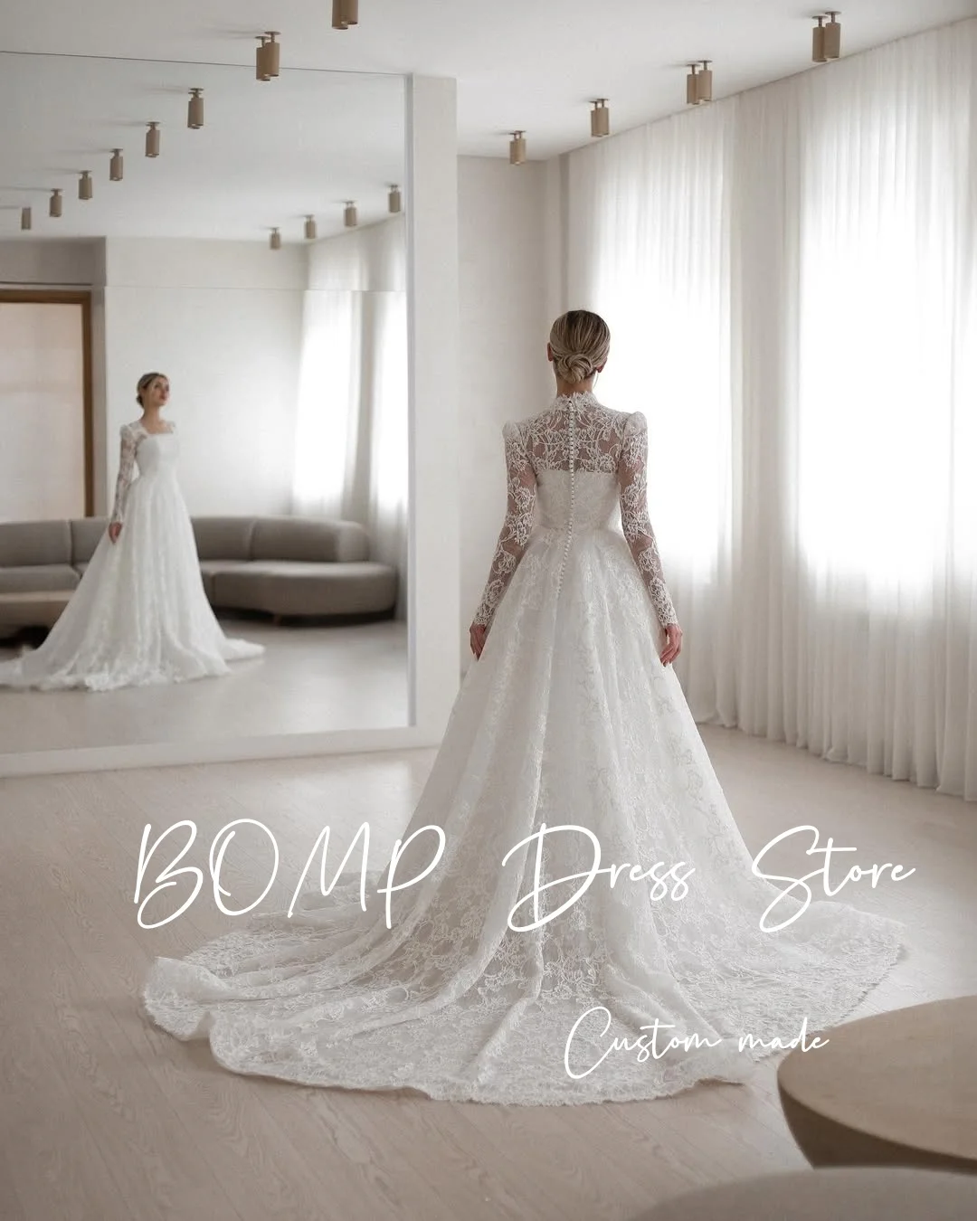 BOMP فساتين زفاف رائعة من الدانتيل على شكل حرف A وياقة مربعة وأكمام طويلة من الدانتيل فساتين زفاف متواضعة دبي للنساء العربيات حسب الطلب #2