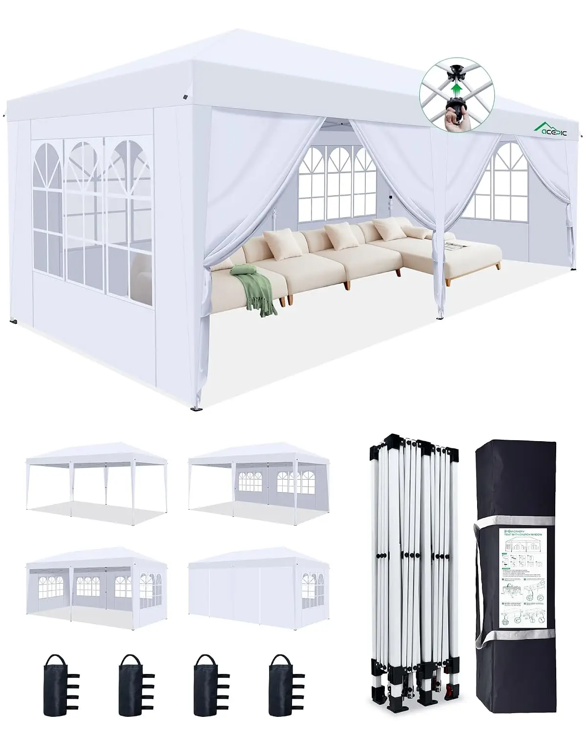 10x20 Pop Up Canopy Tent with 6 Sidewalls, White, 10x20