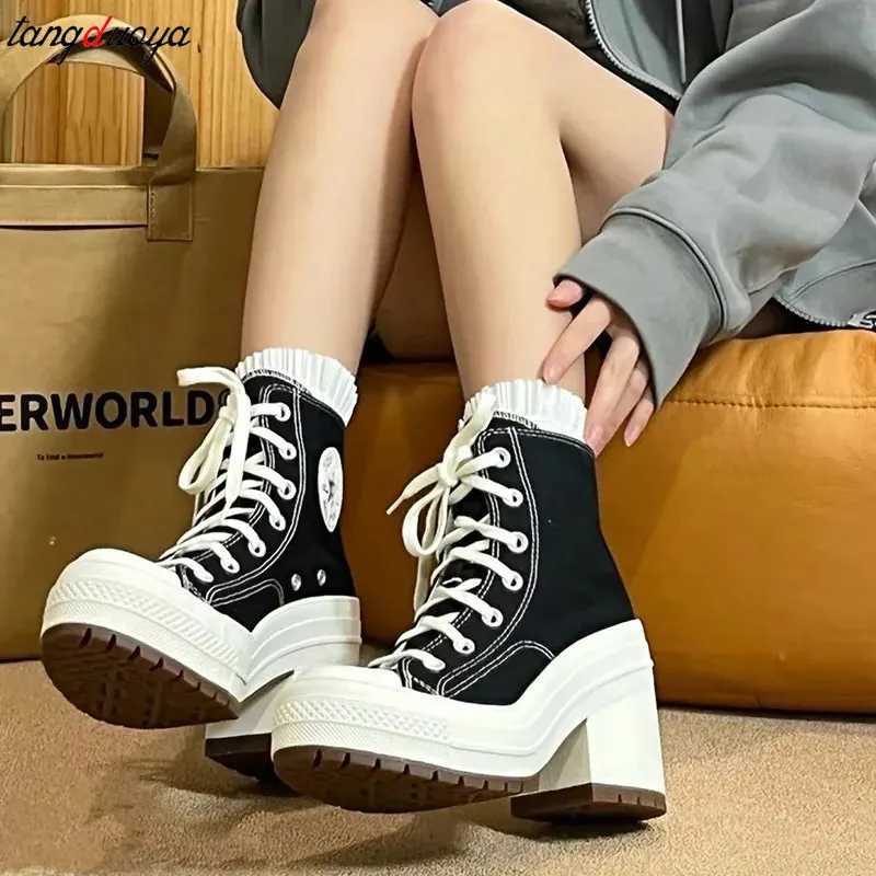 Women High Top Canvas Shoes Luxury Brand Women square heels casual shoes women Classic lace up platform sneakers Plus Size 36-42