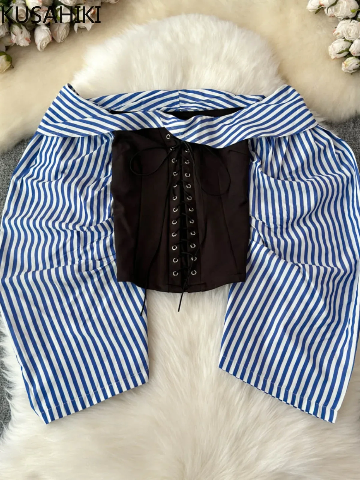 KUSAHIKI French Design Striped Patchwork Off Shoulder Long Sleeved Shirt for Spicy Girl Sexy Straps Slim Waist Niche Short Top