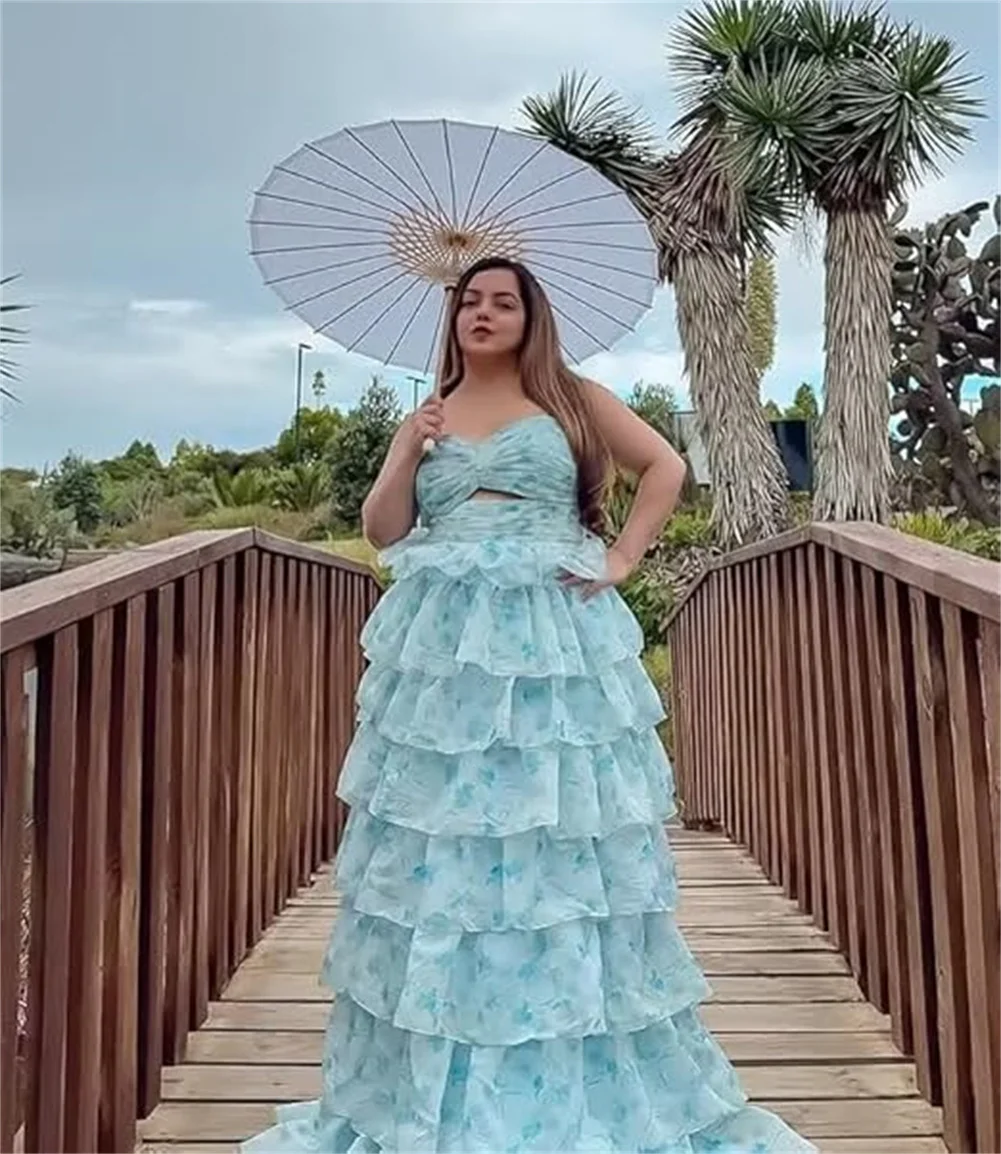 Robe de bal personnalisée à imprimé Floral, bretelles Spaghetti, longue, à plusieurs niveaux, en mousseline de soie, robes de soirée formelles, ligne A, robes de demoiselle d'honneur