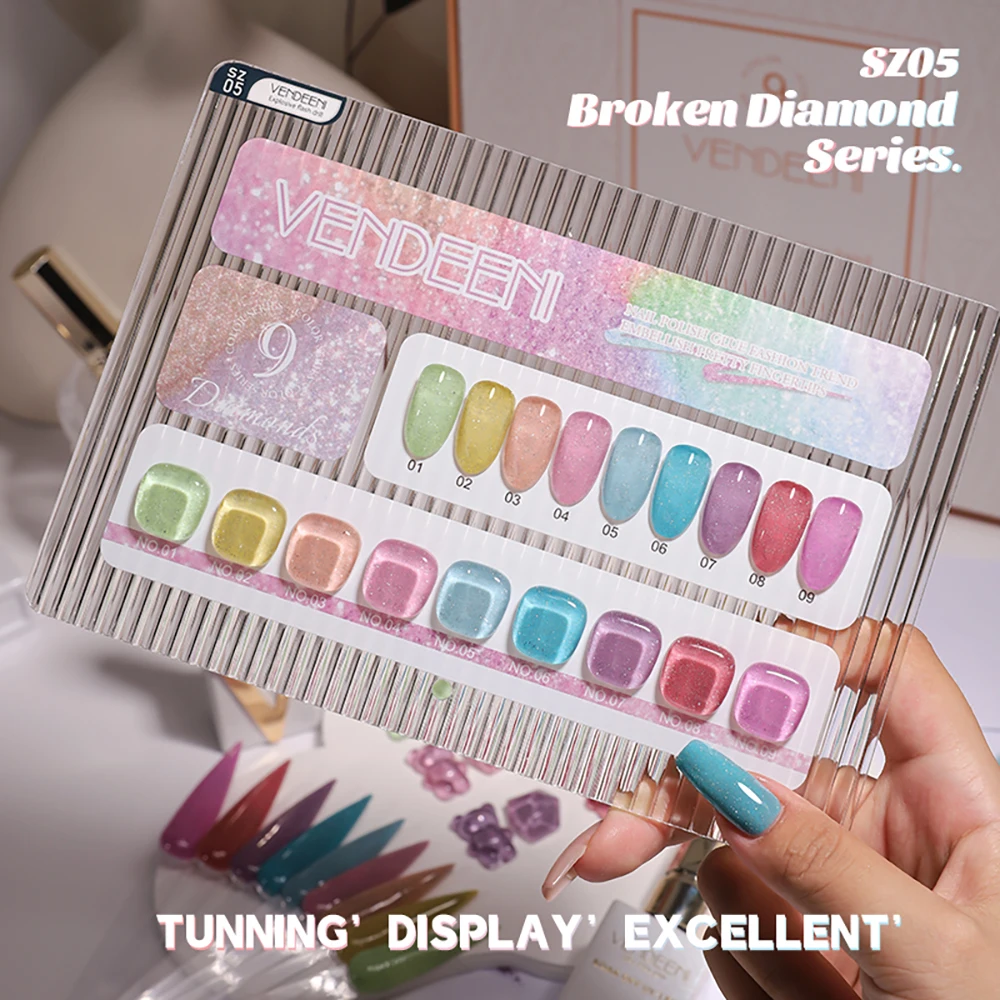 Vendeeni 9 Farben/Set Glitzer-Broken-Diamond-Gel-Nagellack UV LED Soak-Off Gel-Lack Grün Lila Rot Flash Gel mit Display – Detail 20
