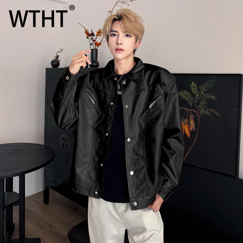 

WTHT Vintage Men's Spliced Solid Color Leather Coats Fashion 2025 Autumn Single Breasted Turn Down Collar Jackets Male 2A2141