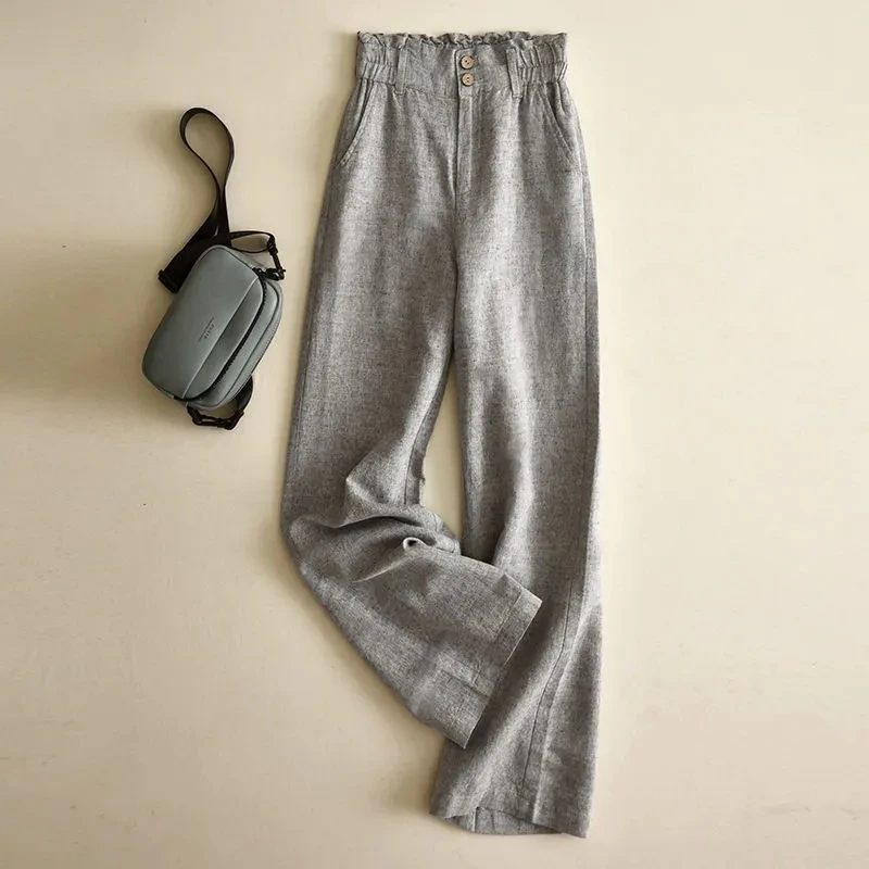 

Spring And Summer Cotton Linen Elegant Pants Women Design Button Wide Leg baggy Pants Korean Ladies High Waist Casual Trousers