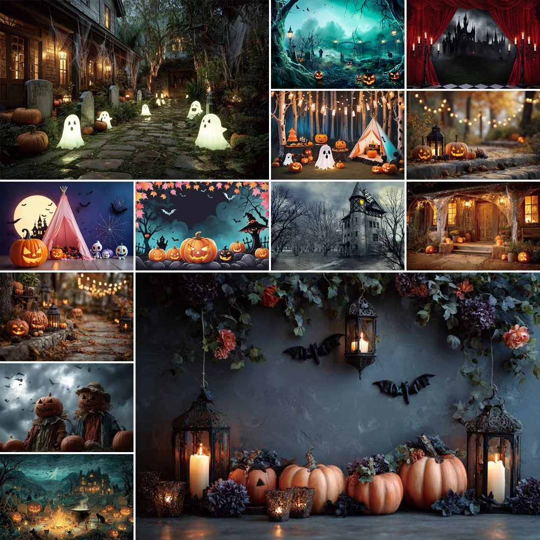 

MOON.QG Halloween Backdrops Lanterns Cauldron Glowing Ghosts Photo Background Decoration Photo Booth Shooting Props Birthday