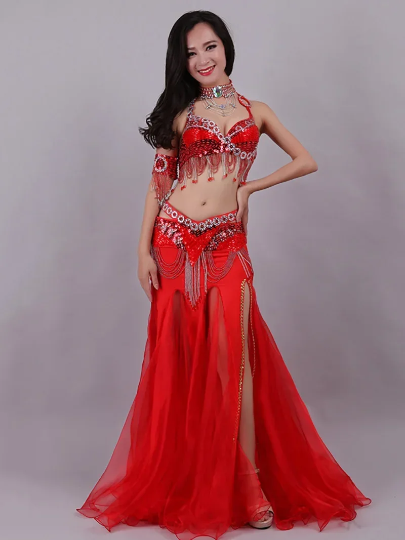 Ropa de baile india para mujeres adultas, conjunto de traje de danza del vientre con cuentas y lentejuelas y bordado de diamantes, trajes Rave para mujer