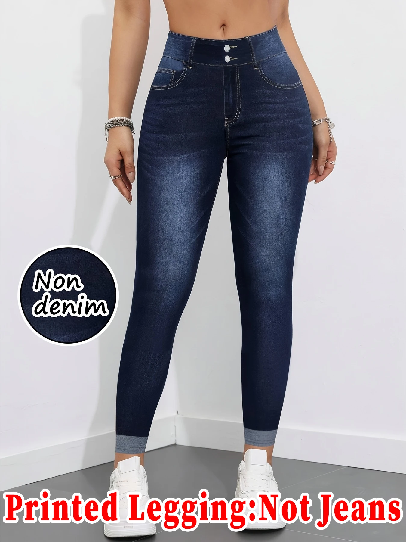 Fashion Women Faux Denim Print Skinny Pants, High Elastic Seamless Fake Pocket Outerwear Sports Cropped Capri Leggings