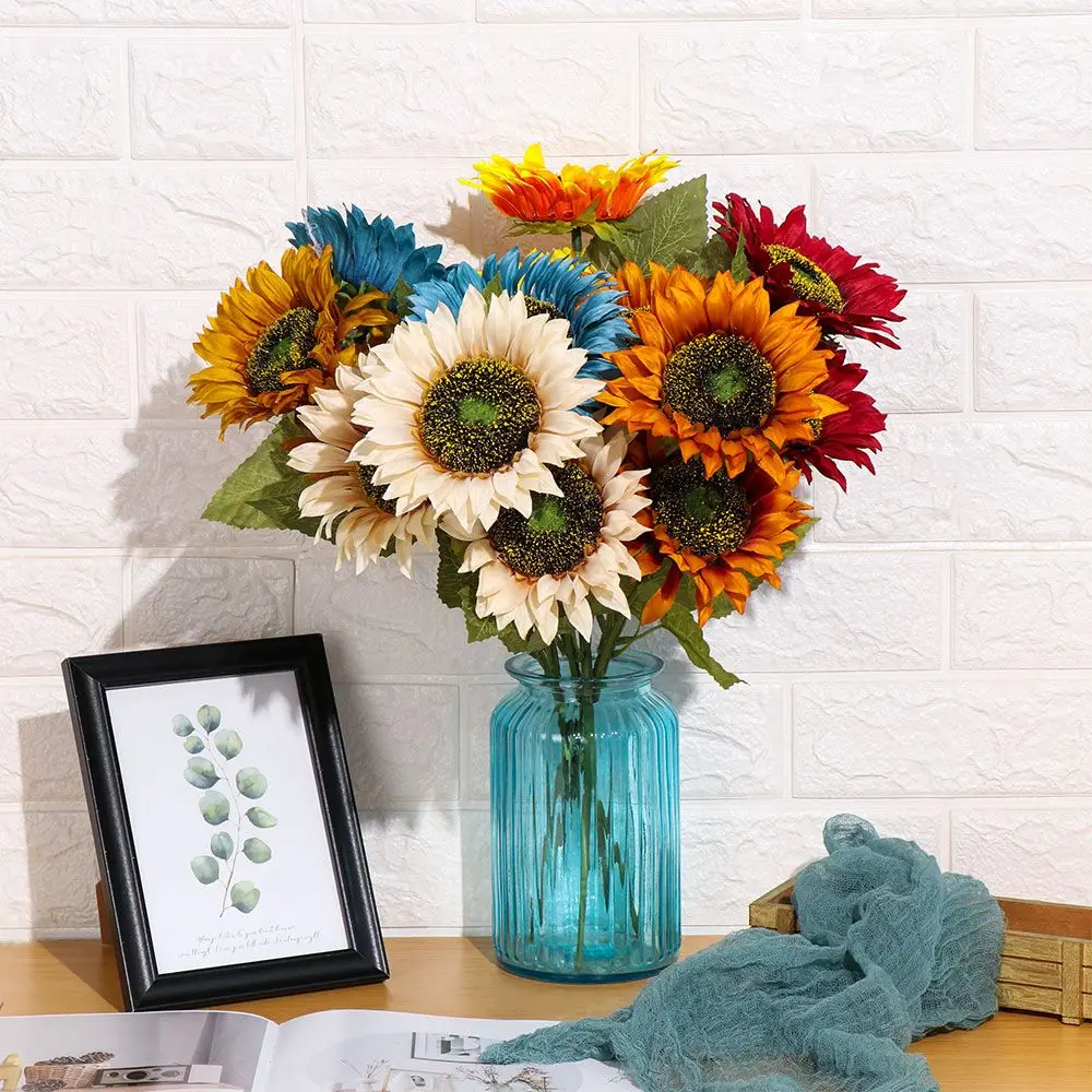 3Heads Decorative Real Touch Home Decor Fake Flores Bouquet Artificial Flower Silk Sunflower Wedding Decoration