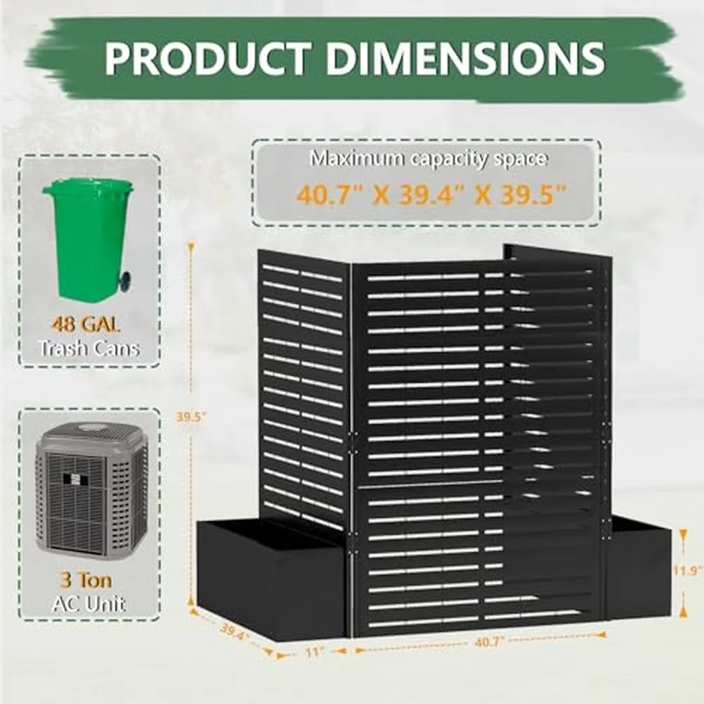Air Conditioner Fence 3 Panels Metal Privacy Screen with Planter Box Black Outdoor AC Unit Cover 40.7