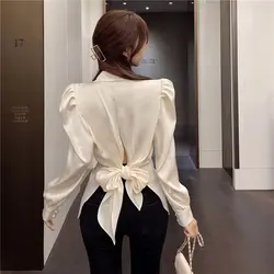 Elegant Solid Color Folds Backless Lace Up Bow Blouses Women Clothing 2024 Spring Summer New Slim Korean Tops Puff Sleeve Shirts