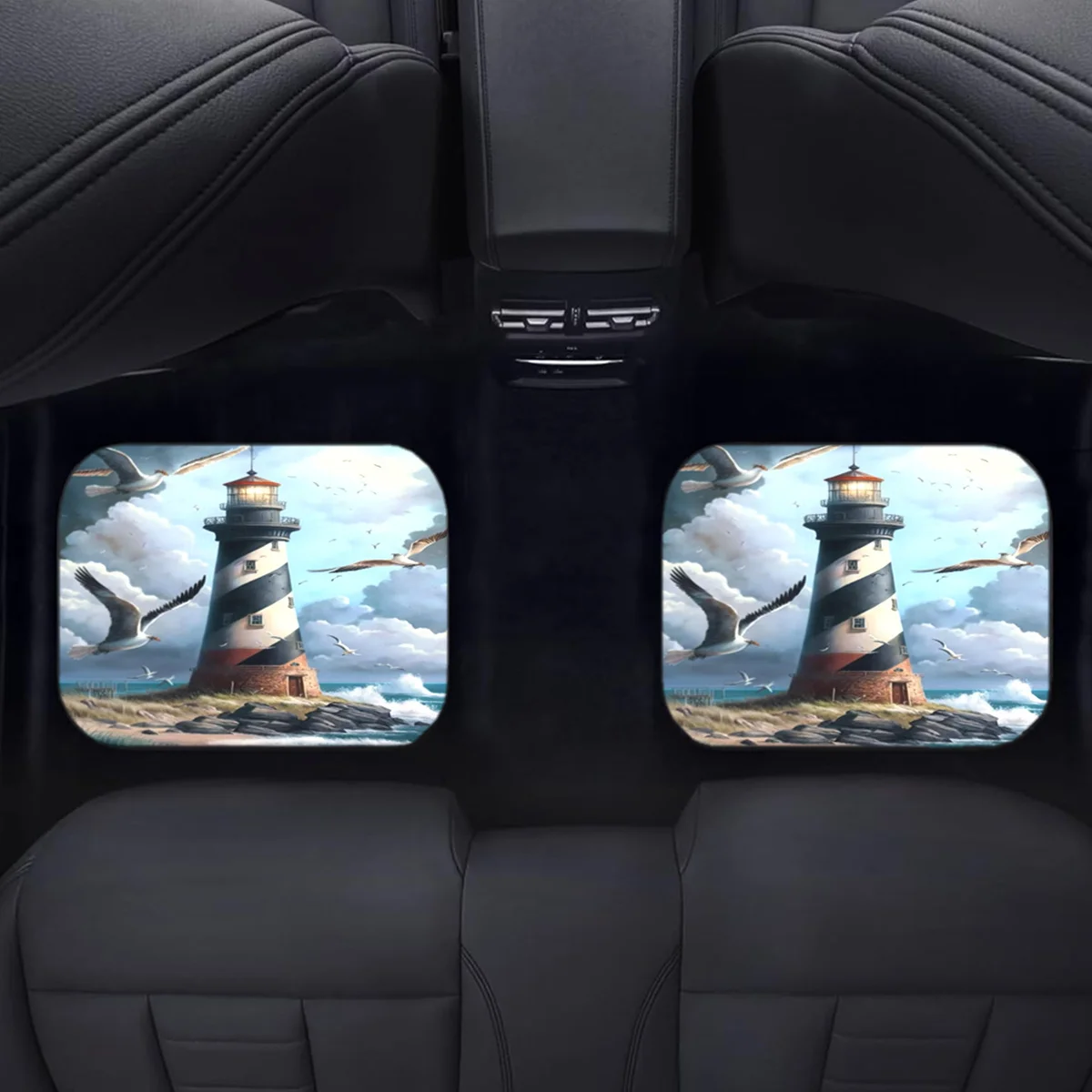

4pcs Seaside Lighthouse Pattern Print Car Floor Mats Set- Front& Rear Full Coverage Auto Interior Accessories, Crystal Velvet Ve