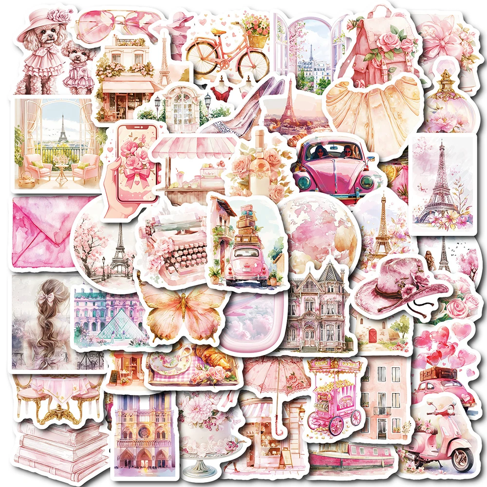 10/30/50pcs Cute Pink Romantic Paris Stickers Aesthetic Decals Notebook Laptop Phone Suitcase Girl Cartoon Sticker for Kids Toy