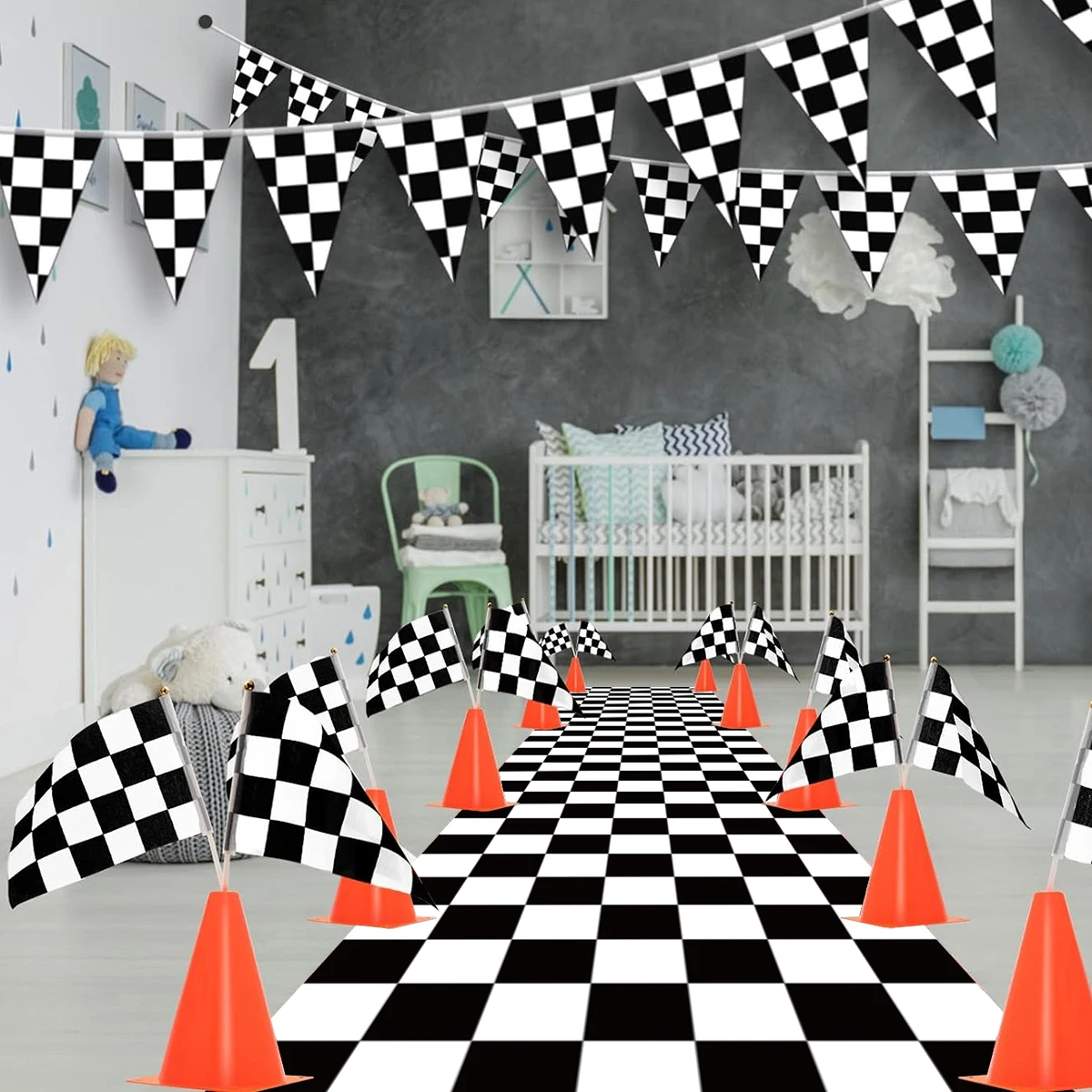 الكلاسيكية أسود أبيض متقلب الجدول عداء البوليستر سباق موضوع المفارش حفلة كرة القدم كأس الهدف الزفاف الجدول الطعام ديكور