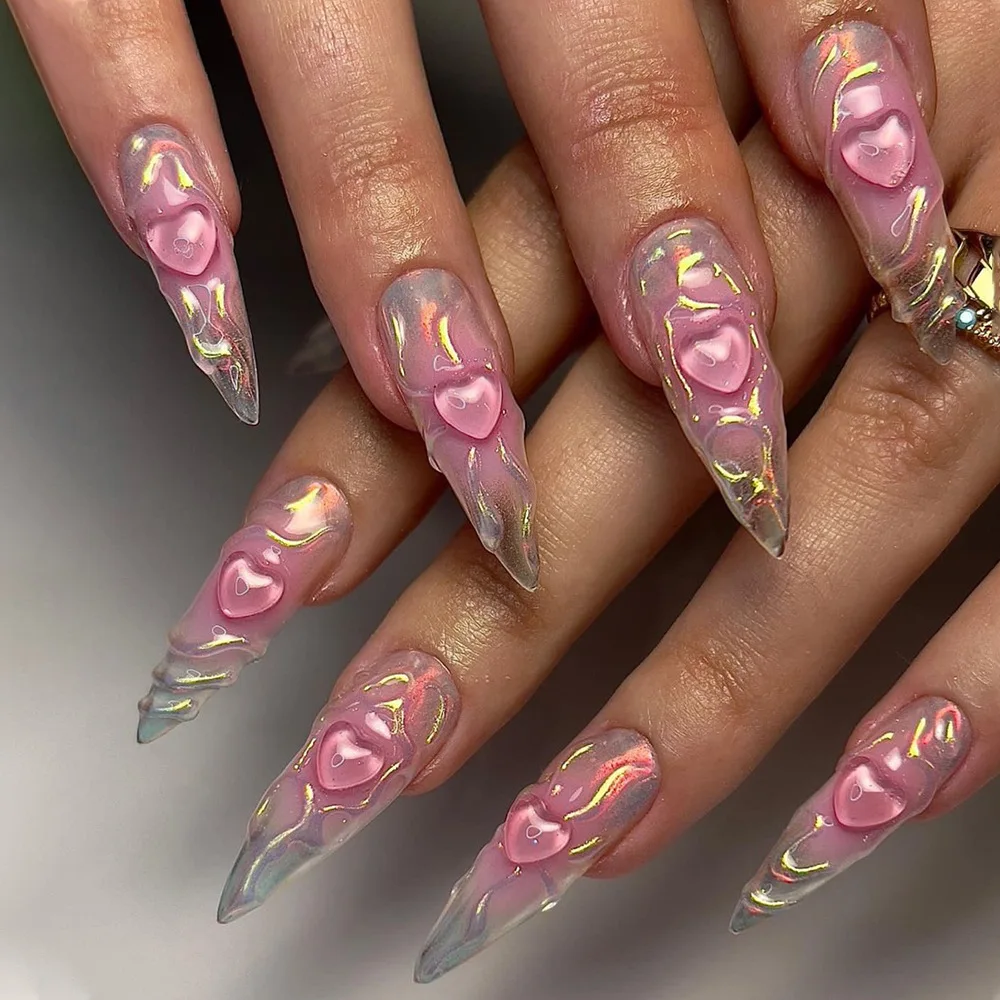 24 Stück Mandel-Stiletto-Glitzer, rosa, französisches Press-on-Acrylnägel mit 3D-Liebes-Design, Ballett, langer falscher Nagel, vollständige Abdeckung, Nagelspitzen – Detail 3