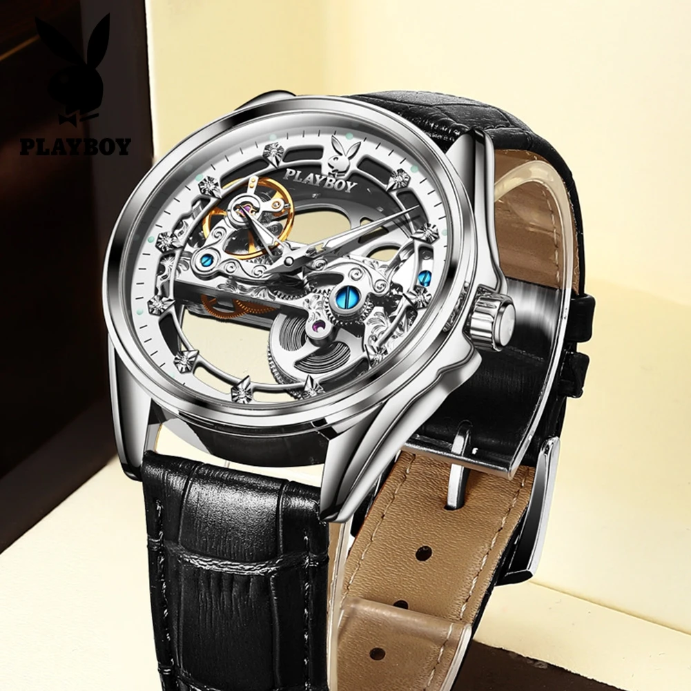 PLAYBOY New Fashion Watch for Men Original Skeleton Leather Strap Automatic Mechanical Man Watch Classic Luxury Wrist Watch Men