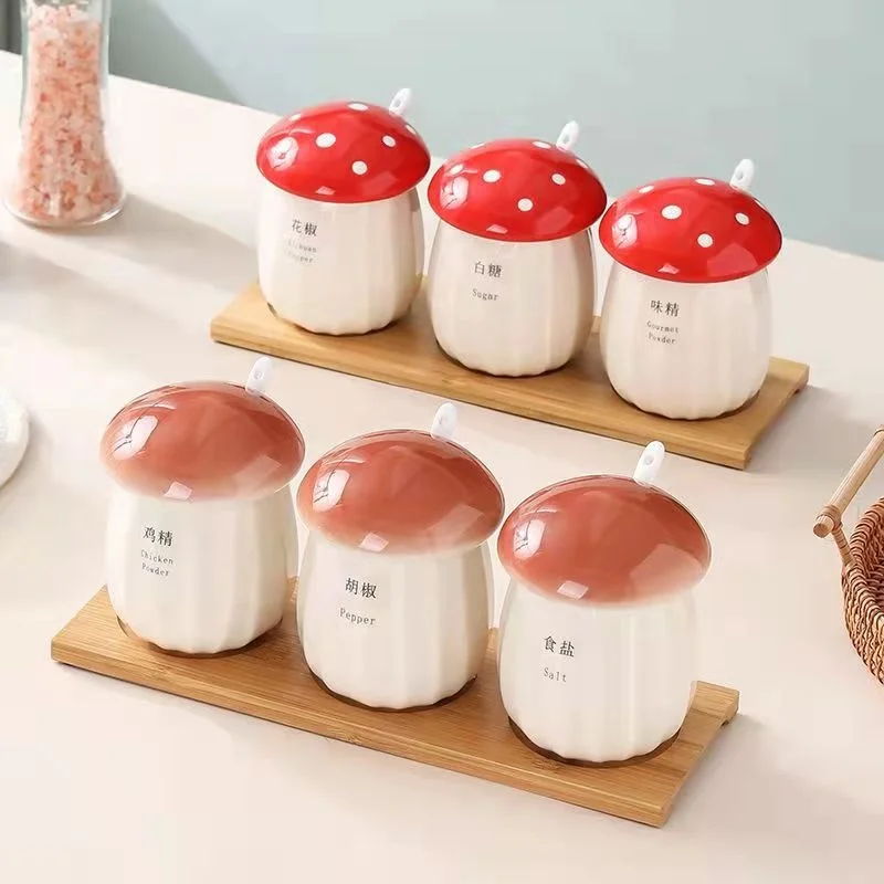 

Cute Mushroom Spice Seasoning Jar Set Saltshaker Saltcellar Cafe Sugar Bowl Sucrier Storage Containers Kitchen Accessories Tools