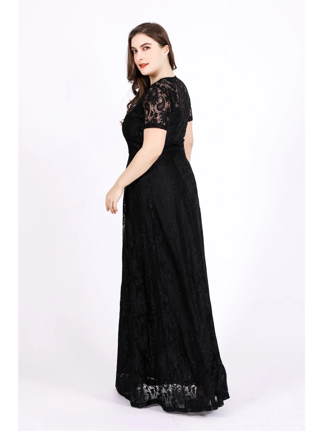 Plus Size Party Dress Women Summer Short Sleeve Lace Floral Hollow Out Sexy Evening Club Dresses Wedding Guest Long Dress