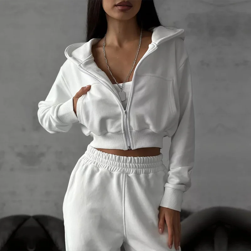 

Sweatshirt Two-piece Suit Women's Casual Sports Sets Sexy High-waist Hoodies Short Zip-up Jacket Straight Trousers Suit 2025 New