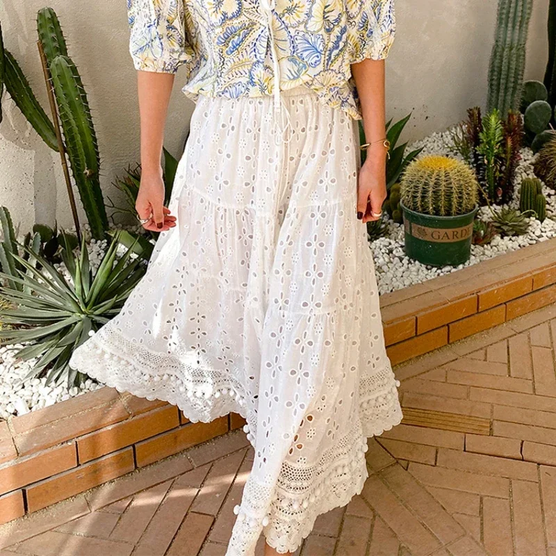 2024 New Summer Women Casual Floral White Embroidery Long Skirt Vintage Elastic High Waist Boho Beach Lace Skirt