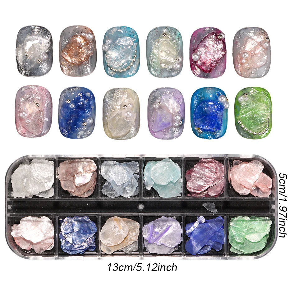 12 Gitter Seidenmatt-Muschelschalen-Flocken, schillernde dünne Muschelscheiben, Opal-Muschelfragmente, Nageldekoration, 3D-Glitzer-Pailletten für Maniküre – Detail 8