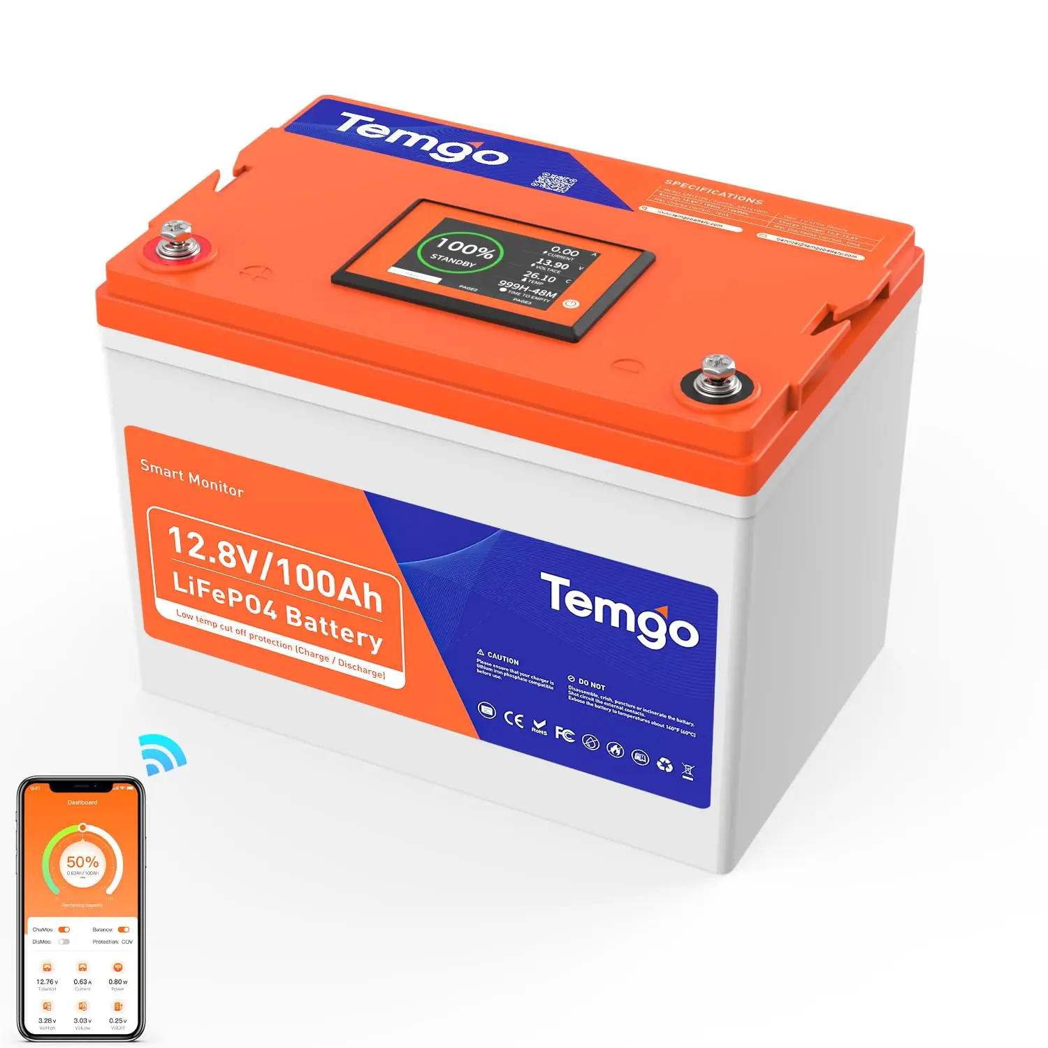 

12V 100Ah Group 24 LiFePO4 Lithium Battery, Self-Heating, Touchscreen & Bluetooth APP Monitoring, Built-in 100A, Customized