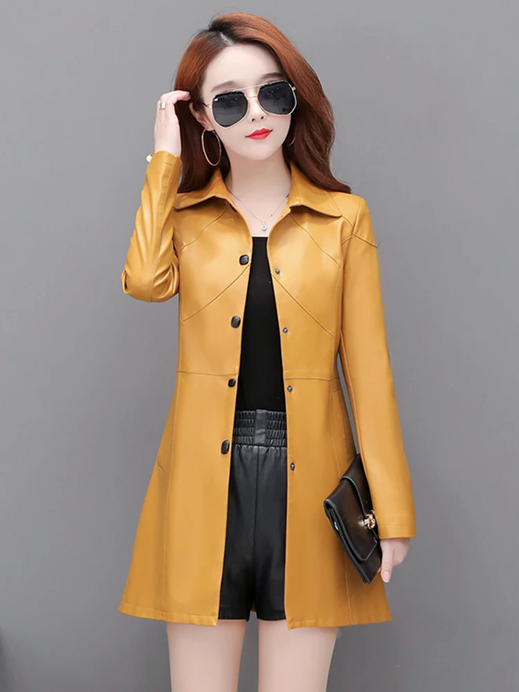 2025年春 プラスサイズ レディース レザー ジャケット スリムフィット ミディアム丈 韓国風 スリム ヘイニングコート アウター ロングスリーブ 通勤用 S...