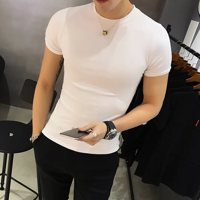 

Мужская футболка Slim Fit с круглым вырезом, облегающая, корейский стиль, белая, черная, базовая, летняя, из чистого хлопка...