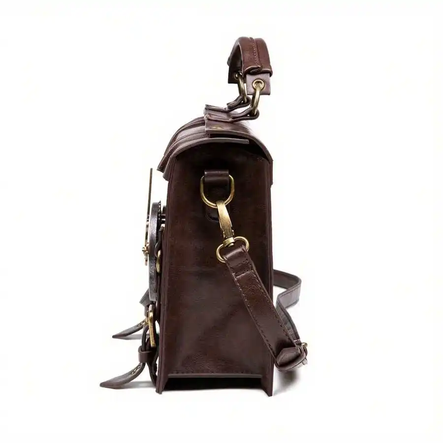 Stylish brown leather crossbody bags, unique gear-shaped clocks, metal hardware, and vintage handbags—perfect for a variety of casual occasions