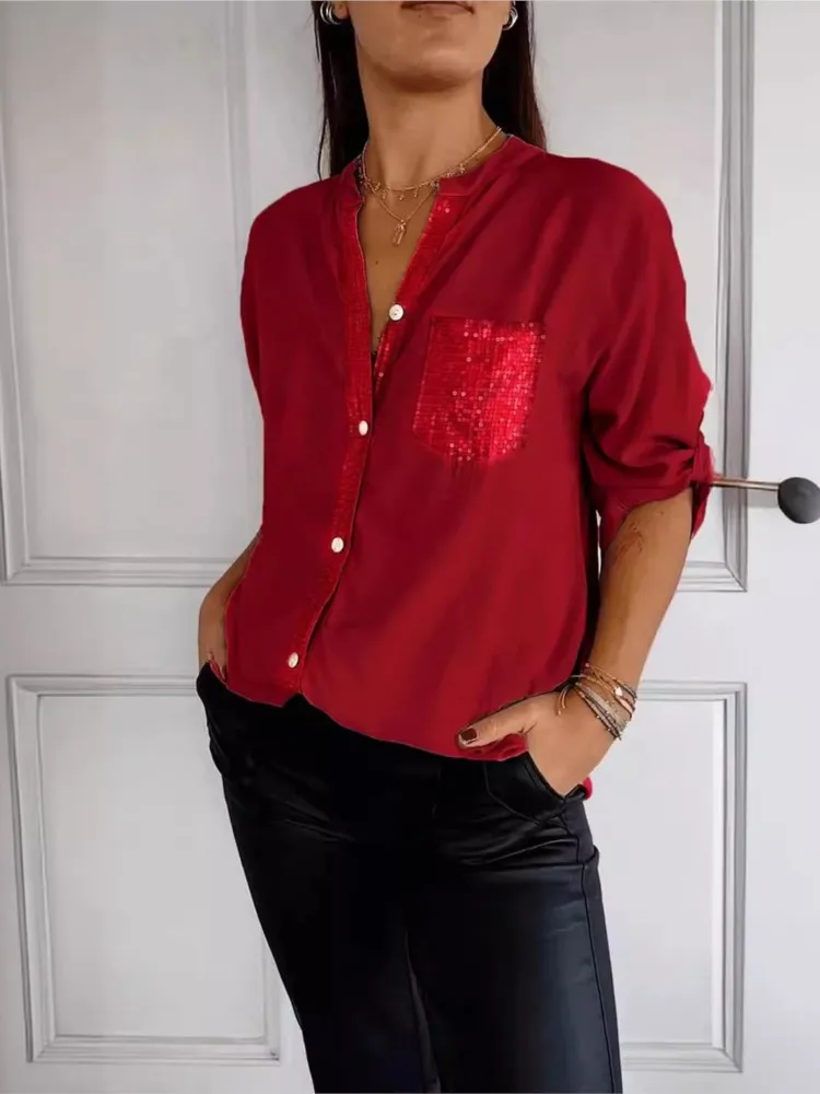 Women Casual Sequin Beaded Shirts Long Sleeve Vintage Shirt Spring Summer Fashion Turn-down Collar Button Blouse Geometric Tops