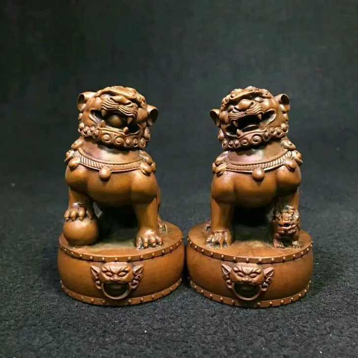 

Chinese Boxwood Wood Carving Fengshui Lion Fu Foo Dog Guardion Beast Statue Pair