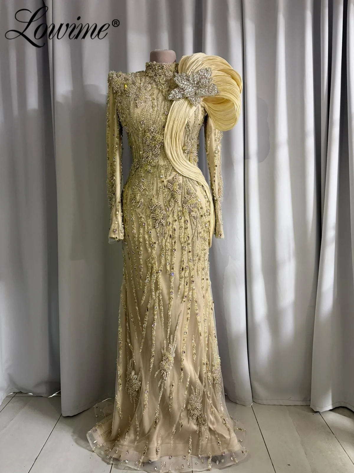 

Элегантное желтое вечернее платье 2026 года с длинными рукавами, расшитое бисером и кристаллами, для выпускного вечера, арабских свадеб и вечеринок, на заказ