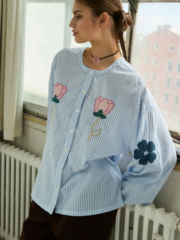 

Blue Plaid Heavy Embroidery round Neck Button up Shirt Women's Loose Fit Cotton Long Sleeve Breathable Commute Style Shirt