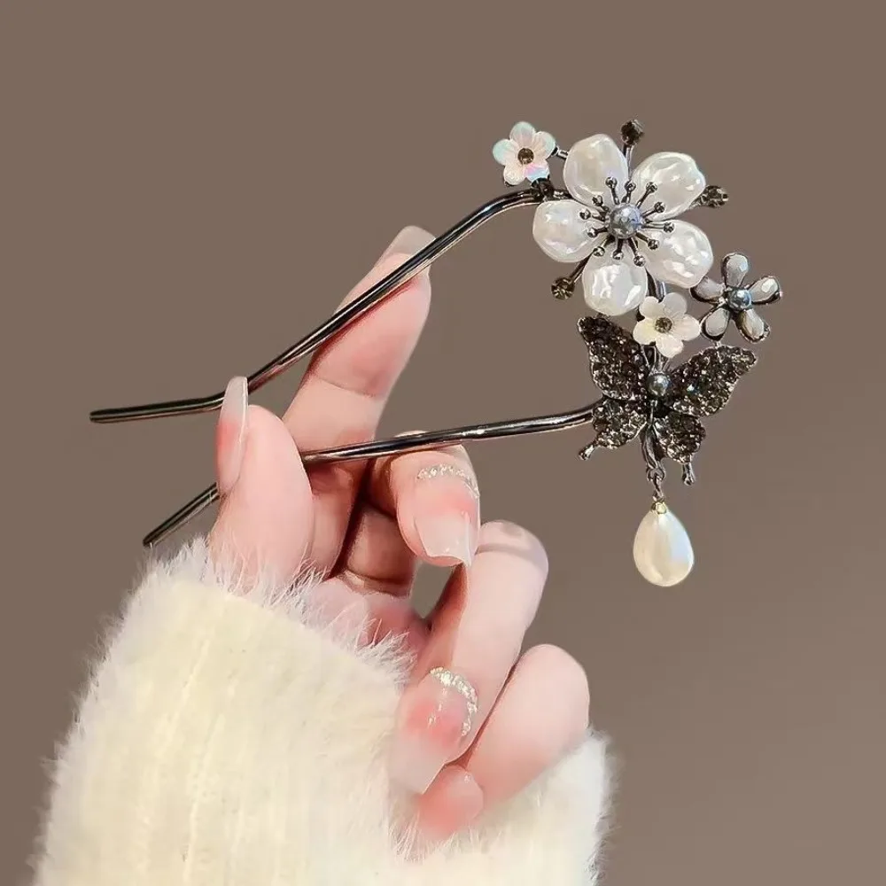 Fashion Chinese Style Flower Butterfly Hairpin Chopsticks Women Elegant U Shape Sticks Headwear Hanfu Hair Accessories Jewelry