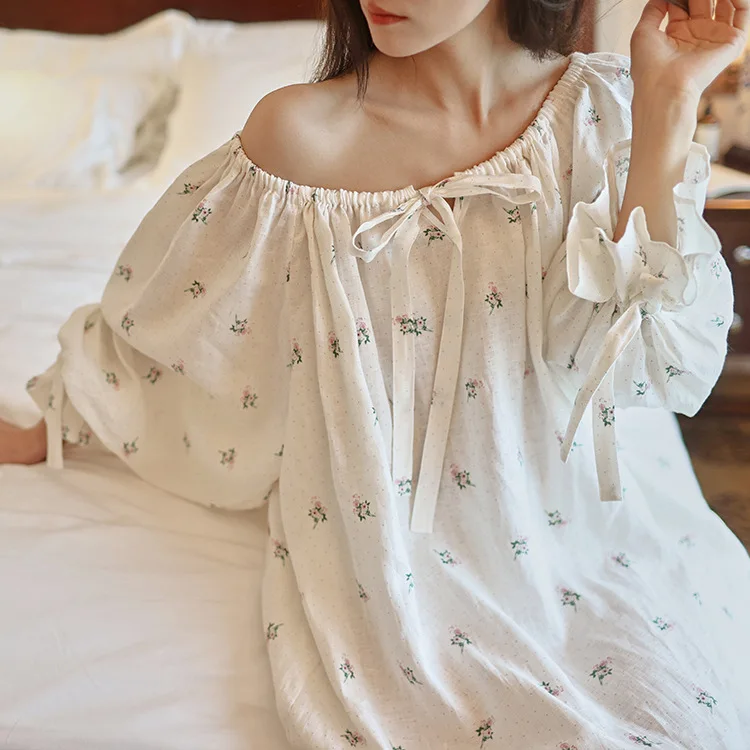 

Fragrant Fairy Sweet Sleeping Skirt Lazy French Loose Girl Outside Pajamas Nightgowns Sleepwear Home Clothes Spring and Autumn