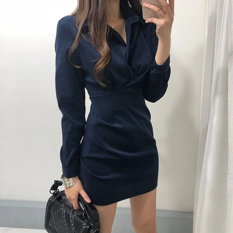 Bodycon Dress 2024 Autumn Winter Retro Waist Slim Vestidos Temperament Short Dresses Slim Waist Long Sleeve Bottoming Vestidos