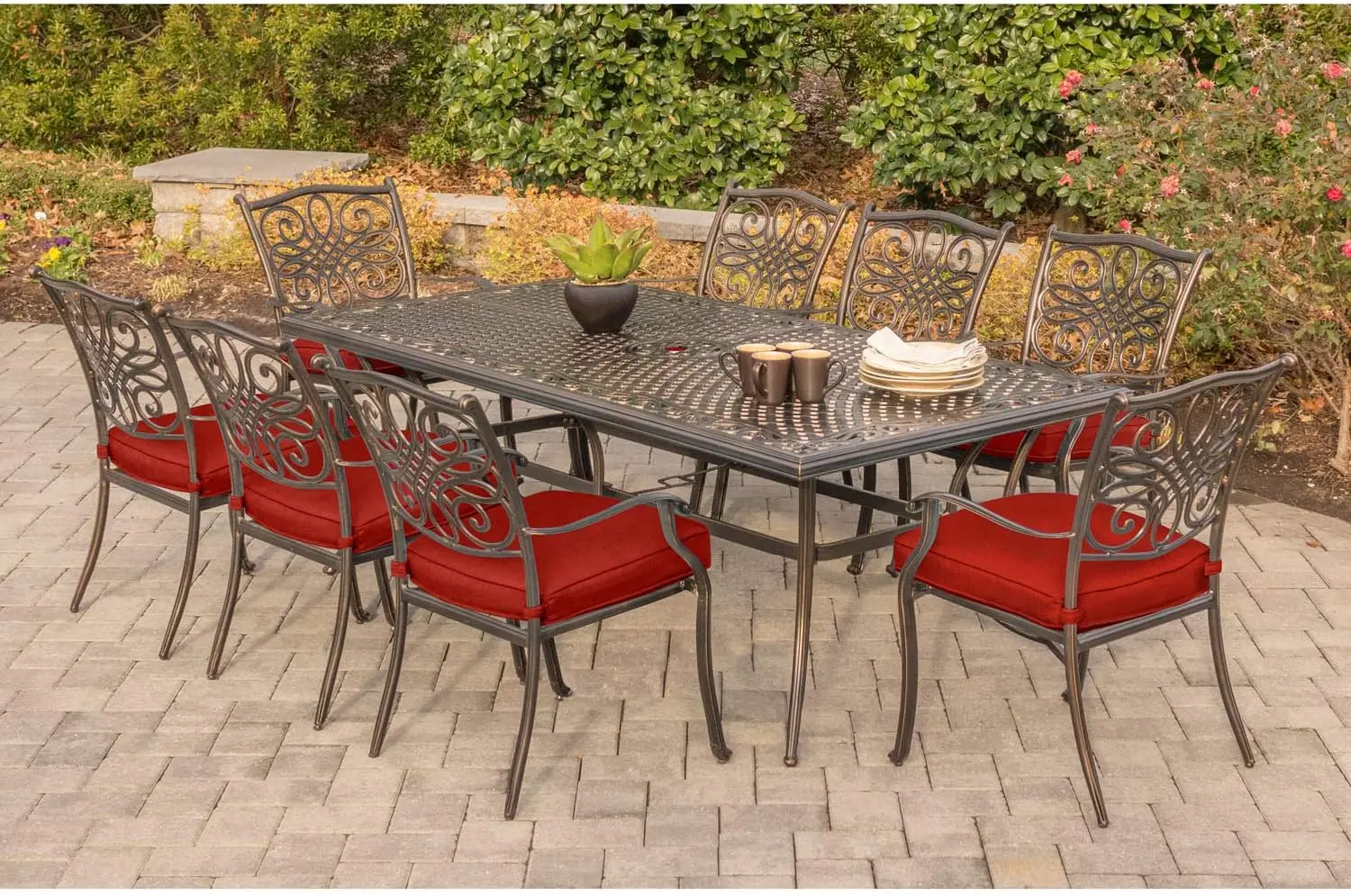 Aluminum Outdoor Patio Dining Set with Autumn Berry Red Cushions 8 Dining Chairs and Aluminum Rectangular Dining Table