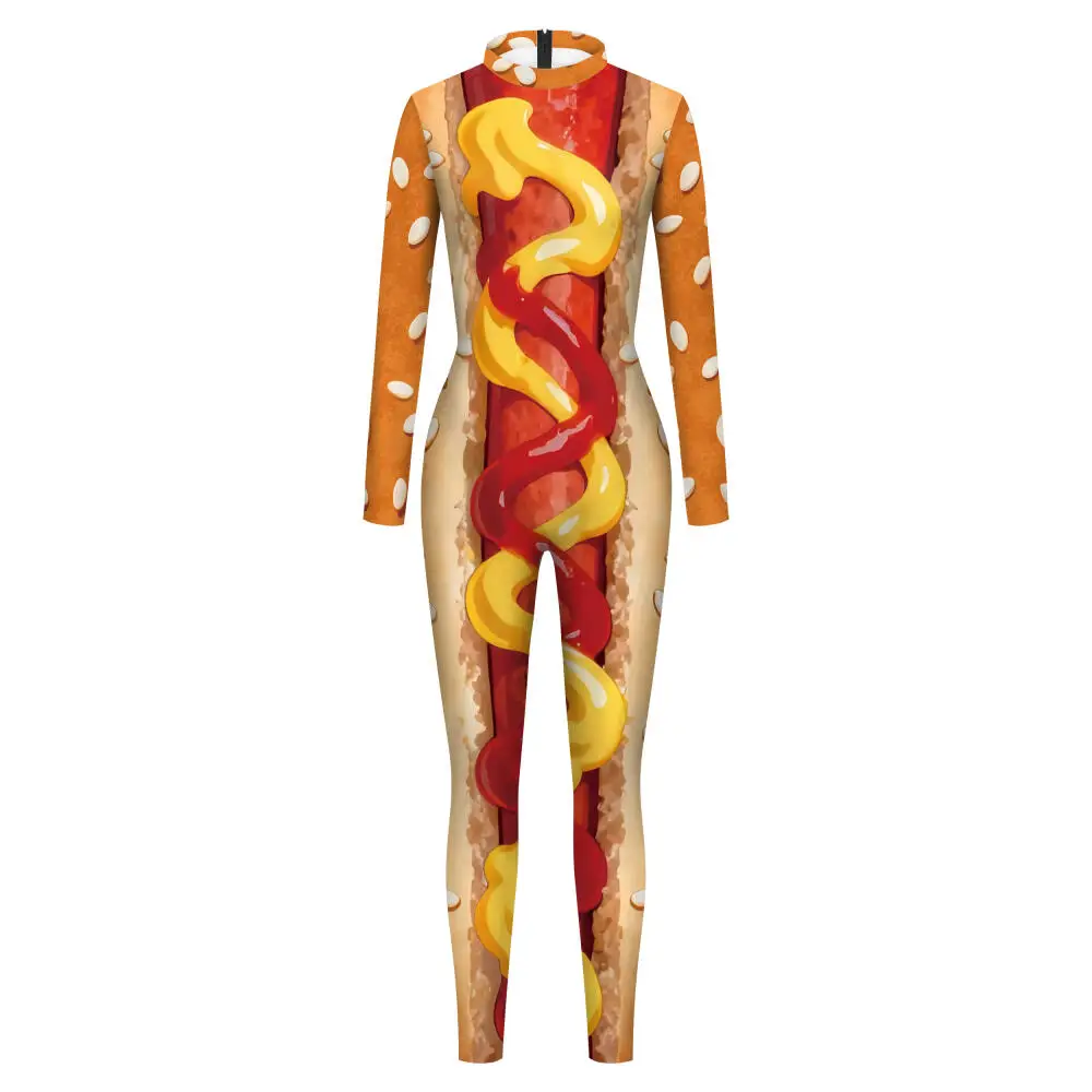 Funny Hot Dog Costume Sausage Print Bodysuit for Women Long Sleeve Full Body Suit Halloween Carnival Food Themed Party Outfit view 5