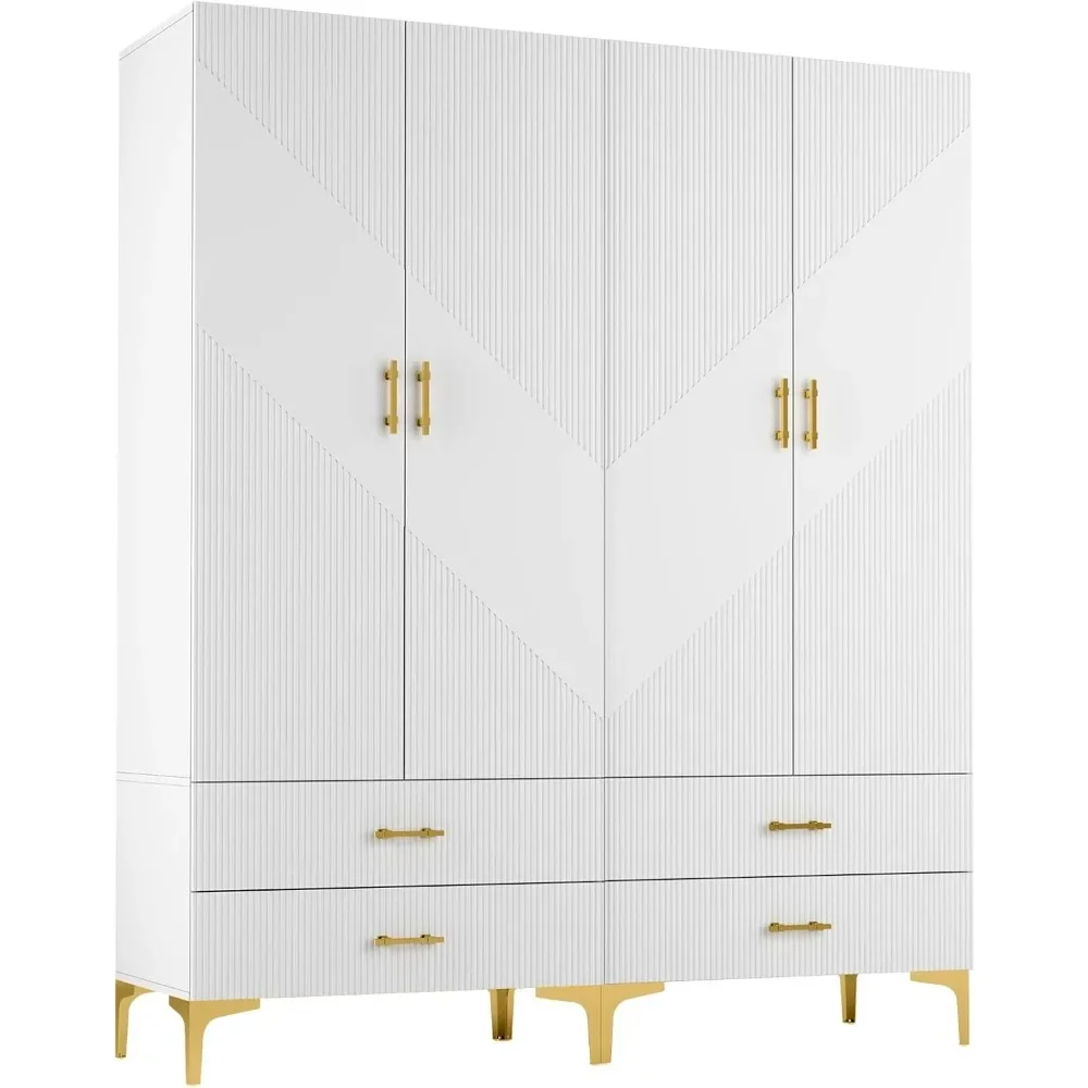 Wardrobe Armoire with 4 Doors, 4 Drawers and 2 Hanging Rods, Twill Wood Closet Storage with Metal Cabinet Legs, White