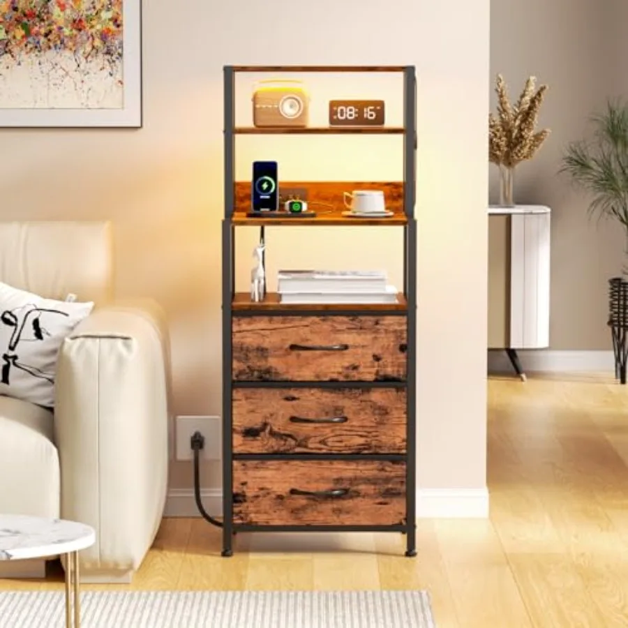 

Night Stand, Tall Nightstand with 4-Tier Shelves and Fabric s, LED Bed Side Tables with Charging Station, Bedside Table for Bed