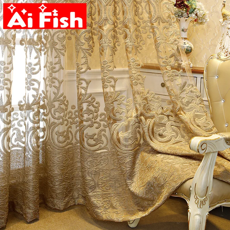 European Luxury Coffee with Golden Wire Jacquard Hollow Tulle Curtain for Living Room Palace Elgent Fabric Windows Drape ZH431#4