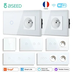 BSEED Wifi 1/2/3Gang Smart Touch Switches With French Type Power Sockets Glass Panel Support Tuya Smart Life Alexa Voice Control