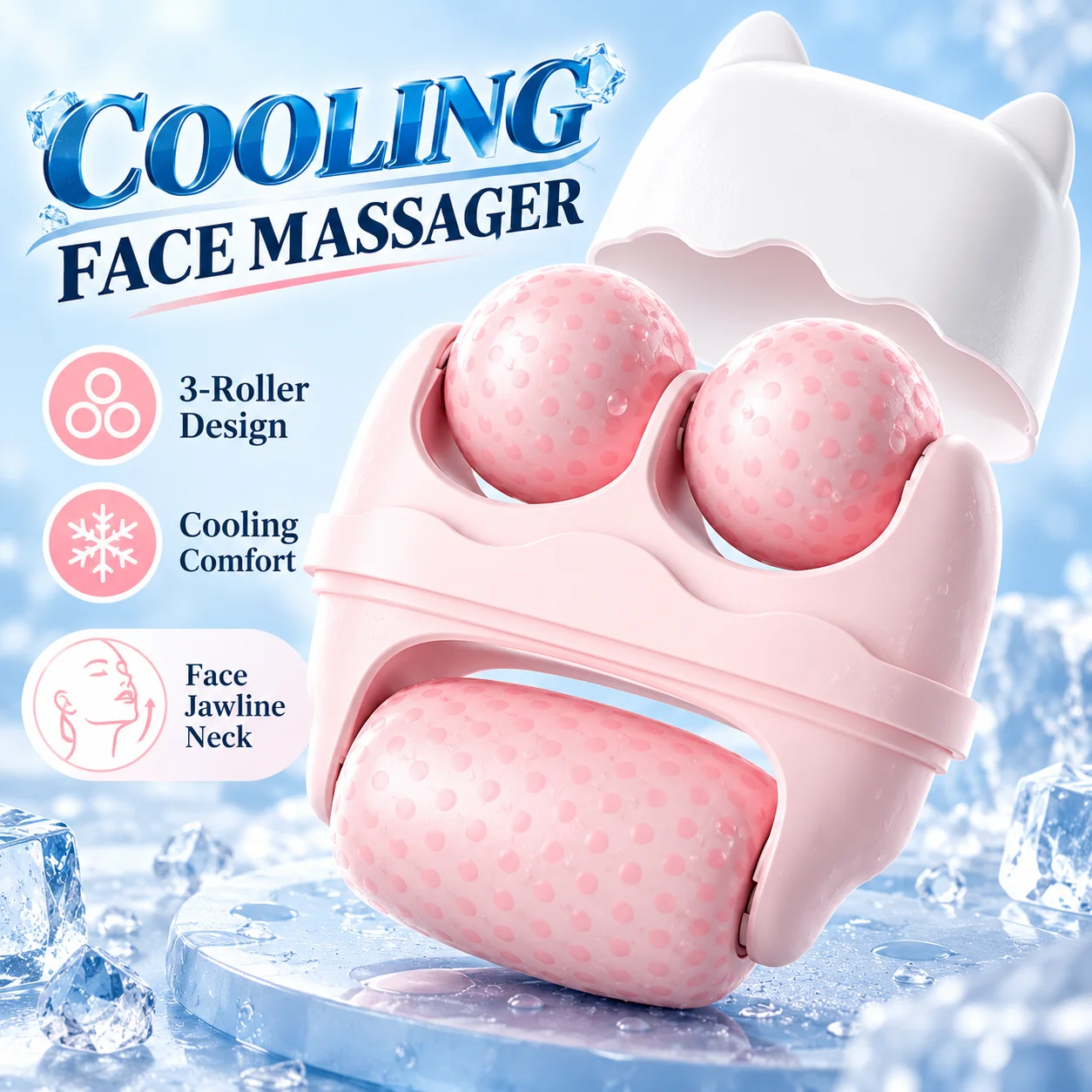 3 Roller Ice Face Roller Cooling Facial Massager with Cat Ear Storage Case Reduce Puffiness Jawline Neck Eye Skincare Massage To
