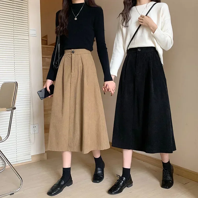 Vintage Corduroy Midi Skirt Women High Waist Pleated A Line Skirts Autumn Winter Streetwear Korean Casual All Match Faldas New